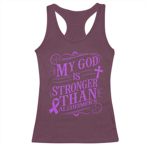 My God Is Stronger Than Alzheimers Racerback Tank Top Faith Hope Purple Ribbon Graphic