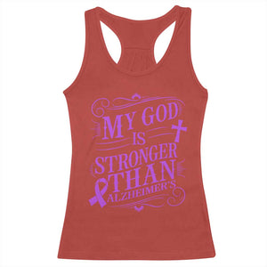 My God Is Stronger Than Alzheimers Racerback Tank Top Faith Hope Purple Ribbon Graphic