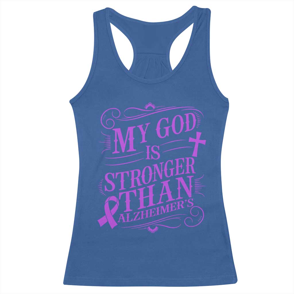 My God Is Stronger Than Alzheimers Racerback Tank Top Faith Hope Purple Ribbon Graphic