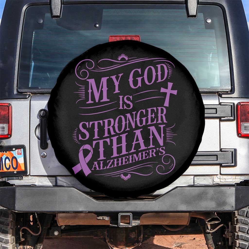 My God Is Stronger Than Alzheimers Spare Tire Cover Faith Hope Purple Ribbon Graphic TS12 No hole Black Print Your Wear
