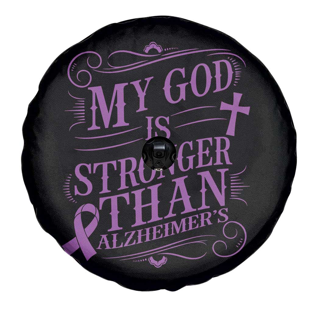 My God Is Stronger Than Alzheimers Spare Tire Cover Faith Hope Purple Ribbon Graphic