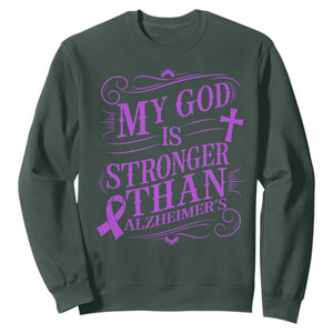 My God Is Stronger Than Alzheimers Sweatshirt Faith Hope Purple Ribbon Graphic