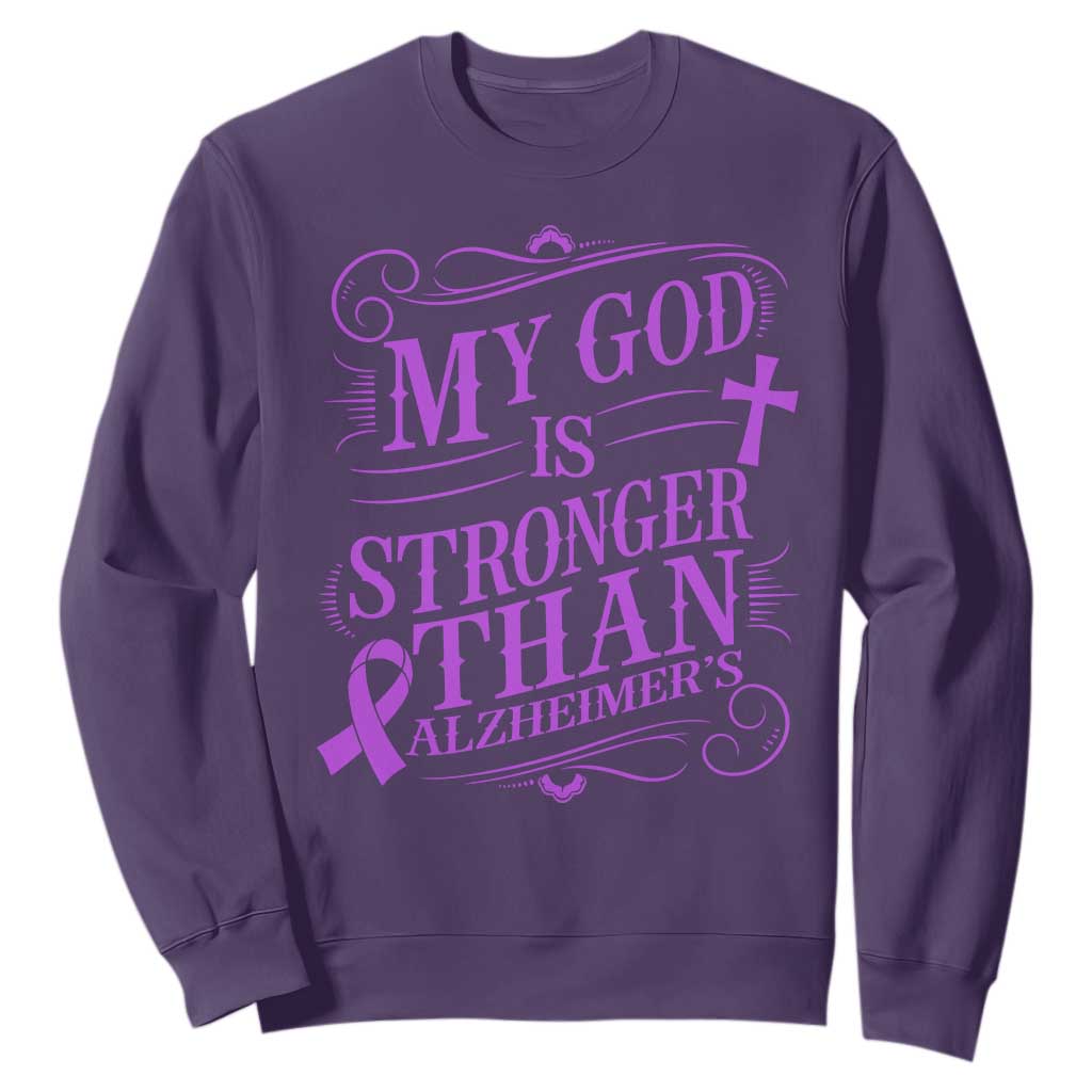 My God Is Stronger Than Alzheimers Sweatshirt Faith Hope Purple Ribbon Graphic TS12 Purple Print Your Wear