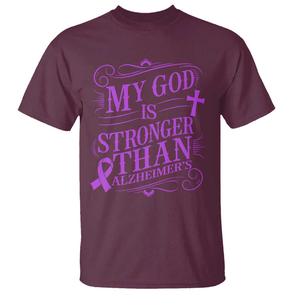 My God Is Stronger Than Alzheimers T Shirt Faith Hope Purple Ribbon Graphic