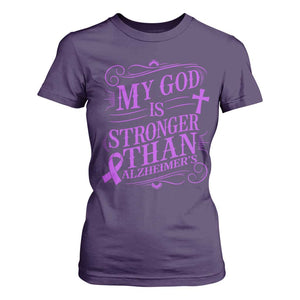 My God Is Stronger Than Alzheimers T Shirt For Women Faith Hope Purple Ribbon Graphic