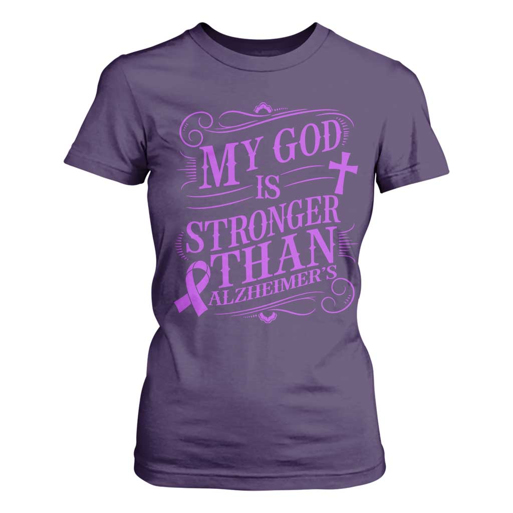 My God Is Stronger Than Alzheimers T Shirt For Women Faith Hope Purple Ribbon Graphic TS12 Purple Print Your Wear