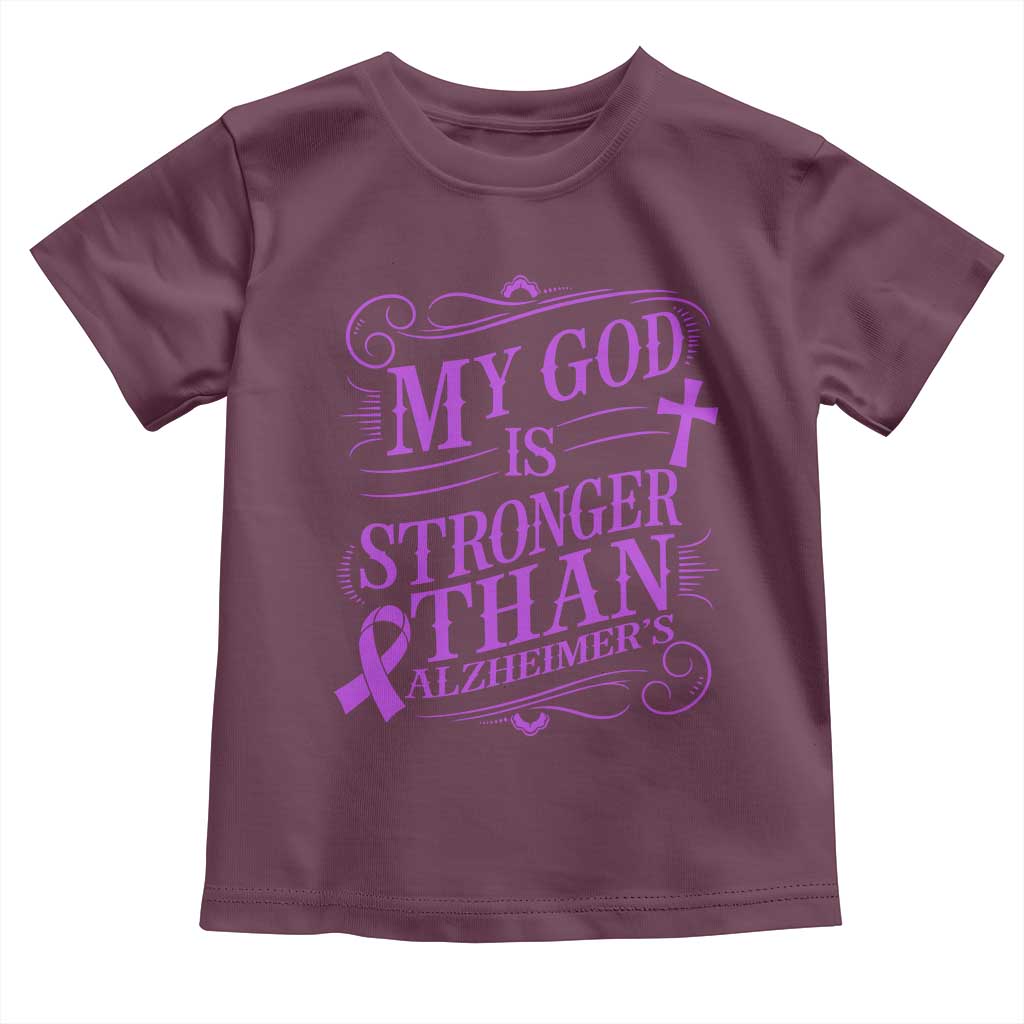 My God Is Stronger Than Alzheimers Toddler T Shirt Faith Hope Purple Ribbon Graphic