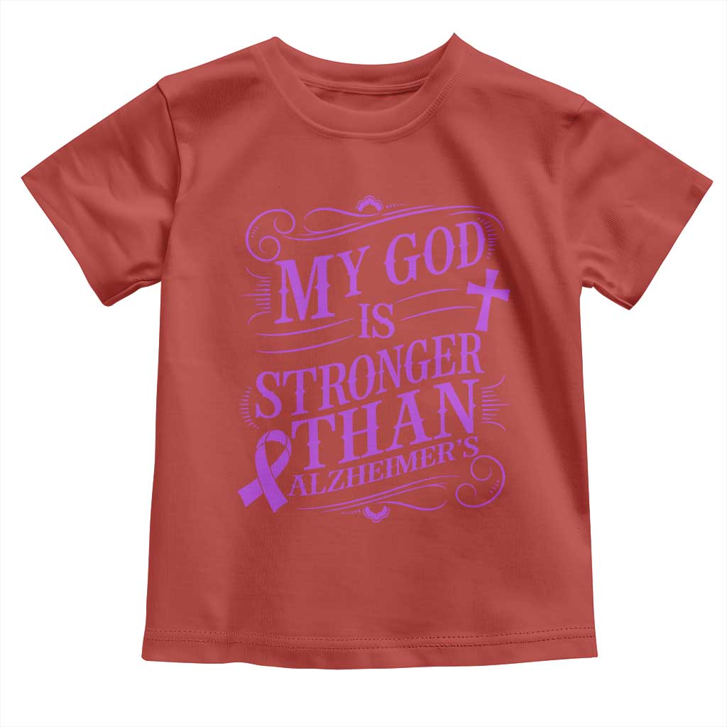My God Is Stronger Than Alzheimers Toddler T Shirt Faith Hope Purple Ribbon Graphic