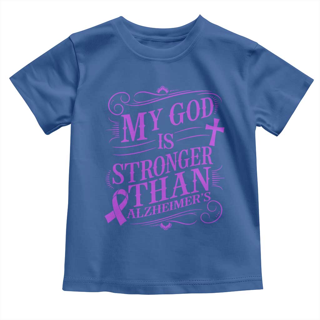 My God Is Stronger Than Alzheimers Toddler T Shirt Faith Hope Purple Ribbon Graphic