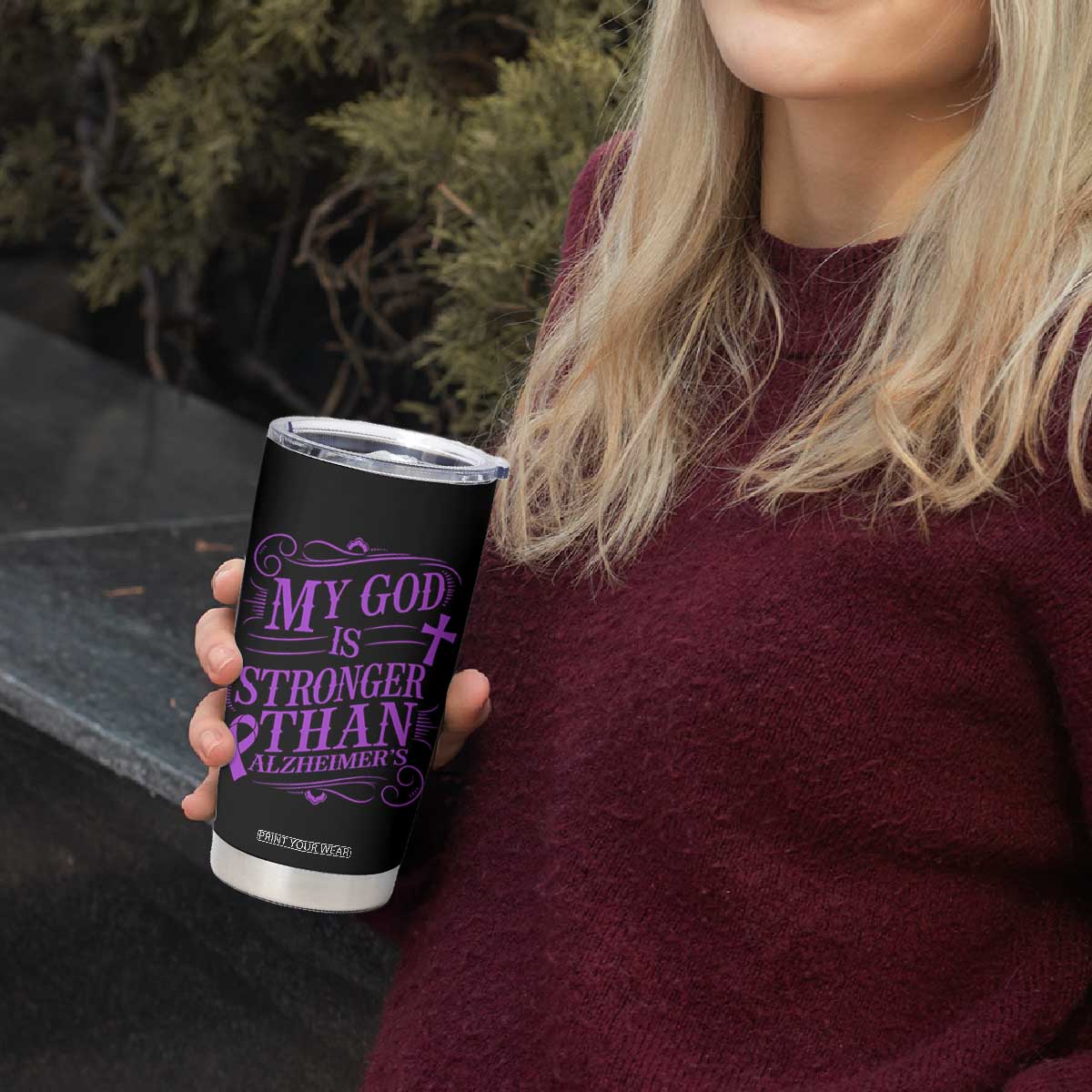 My God Is Stronger Than Alzheimers Tumbler Cup Faith Hope Purple Ribbon Graphic