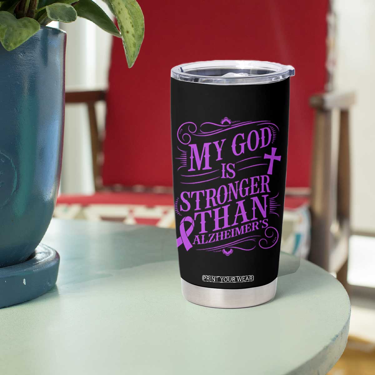 My God Is Stronger Than Alzheimers Tumbler Cup Faith Hope Purple Ribbon Graphic