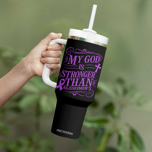 My God Is Stronger Than Alzheimers Tumbler With Handle Faith Hope Purple Ribbon Graphic