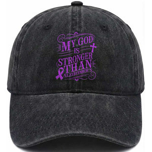 My God Is Stronger Than Alzheimers Washed Cotton Baseball Cap Faith Hope Purple Ribbon Graphic