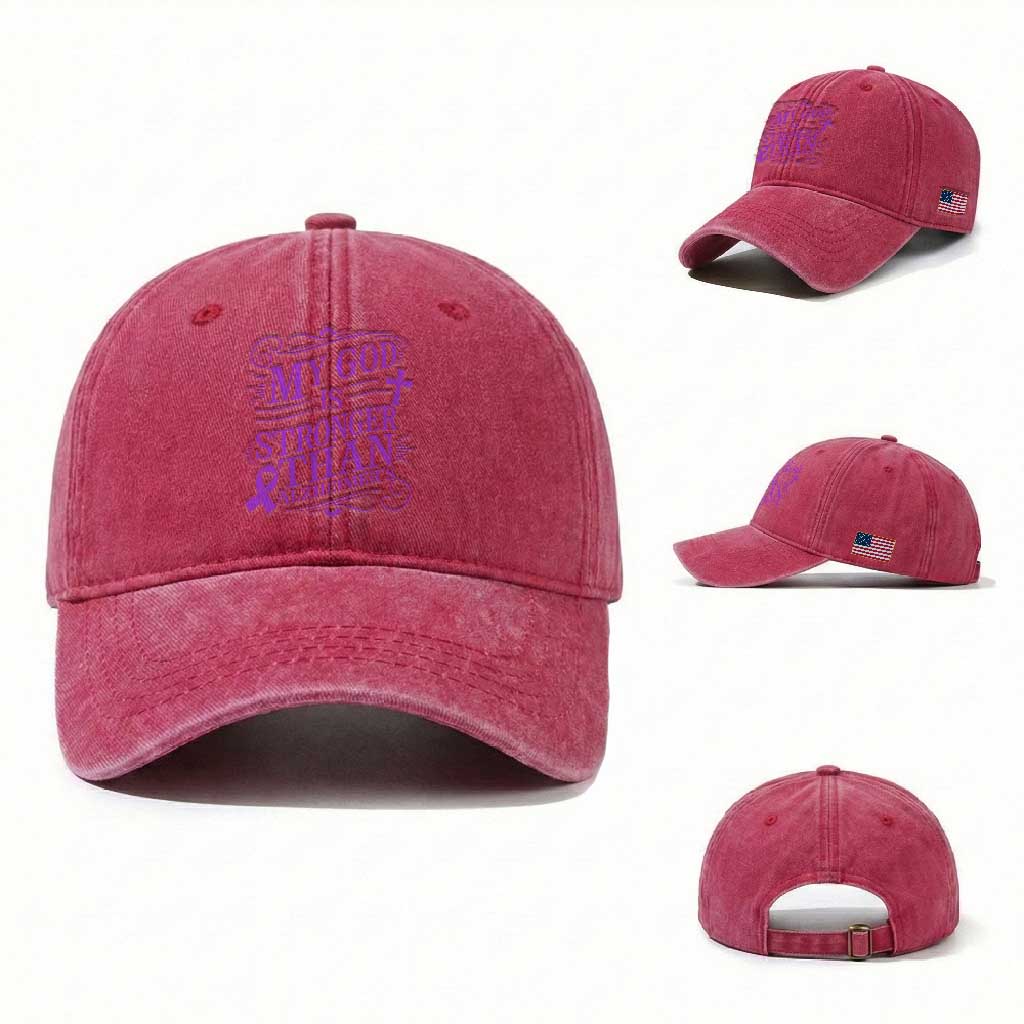 My God Is Stronger Than Alzheimers Washed Cotton Baseball Cap Faith Hope Purple Ribbon Graphic