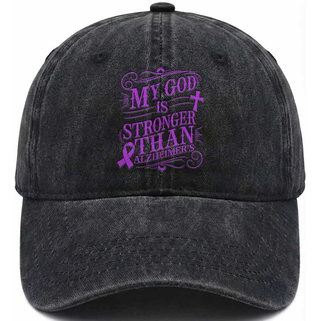 My God Is Stronger Than Alzheimers Washed Cotton Baseball Cap Faith Hope Purple Ribbon Graphic TS12 Print Your Wear