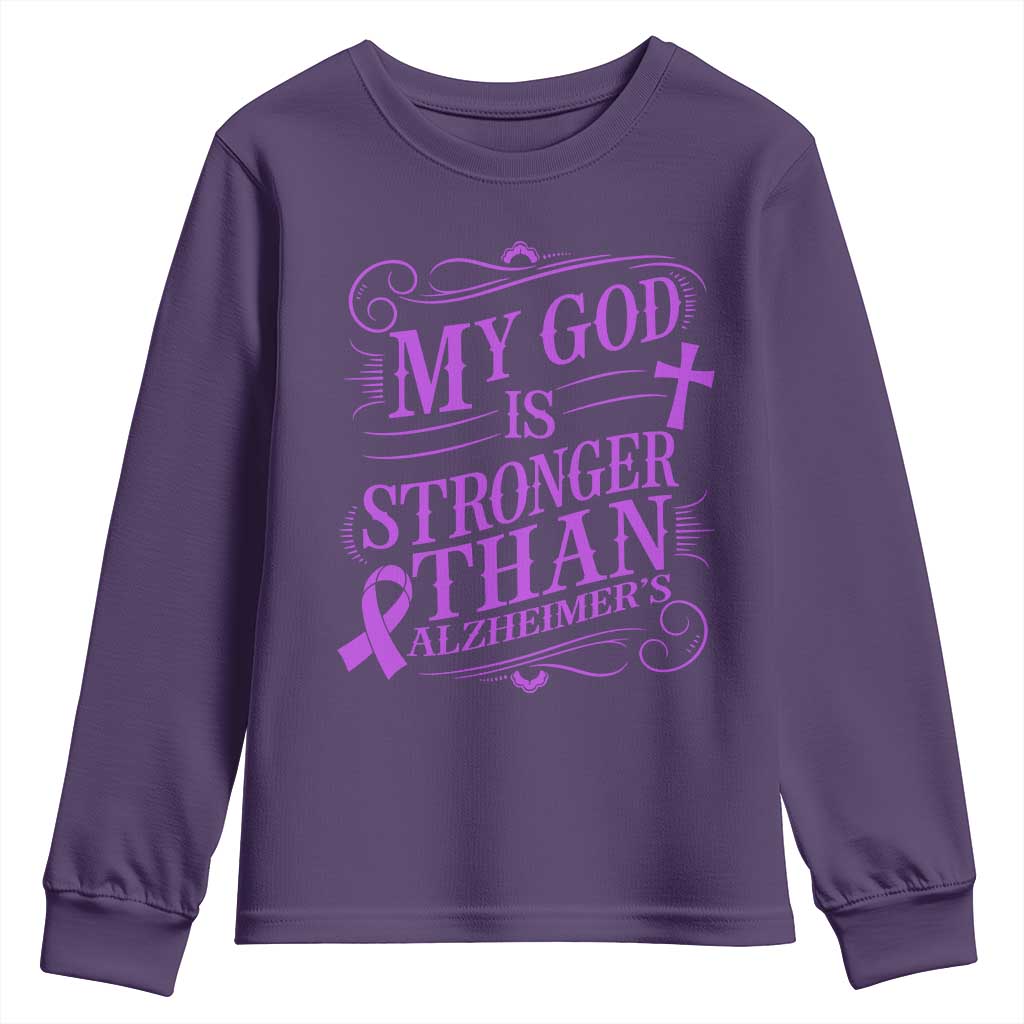 My God Is Stronger Than Alzheimers Youth Sweatshirt Faith Hope Purple Ribbon Graphic TS12 Purple Print Your Wear