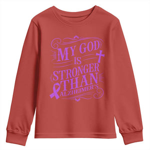 My God Is Stronger Than Alzheimers Youth Sweatshirt Faith Hope Purple Ribbon Graphic