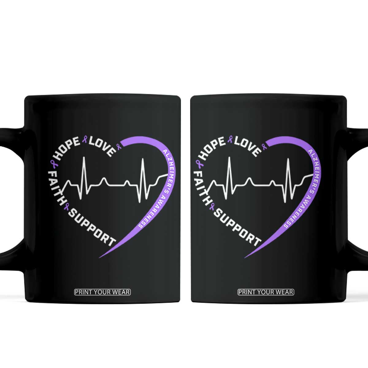 Alzheimers Awareness Heart Heartbeat Purple Ribbon Coffee Mug Hope Love Faith Support TS12 Black Print Your Wear