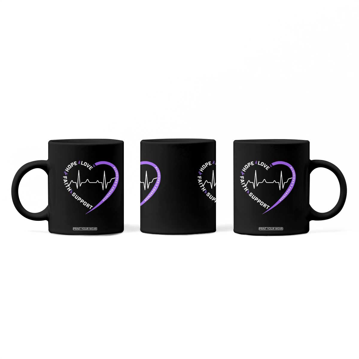 Alzheimers Awareness Heart Heartbeat Purple Ribbon Coffee Mug Hope Love Faith Support