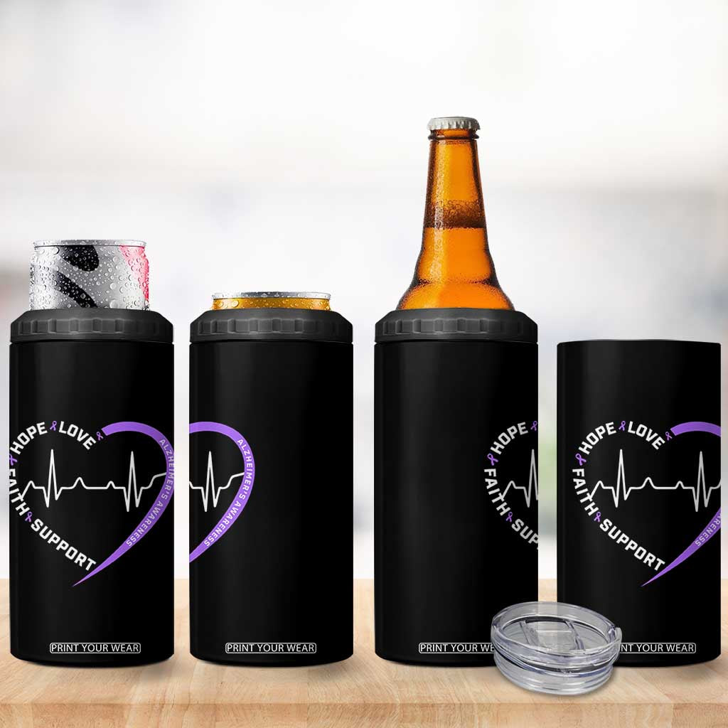 Alzheimers Awareness Heart Heartbeat Purple Ribbon 4 in 1 Can Cooler Tumbler Hope Love Faith Support