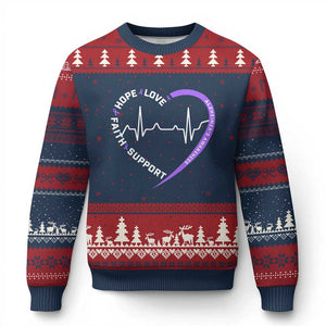 Alzheimers Awareness Heart Heartbeat Purple Ribbon Ugly Christmas Sweater Hope Love Faith Support