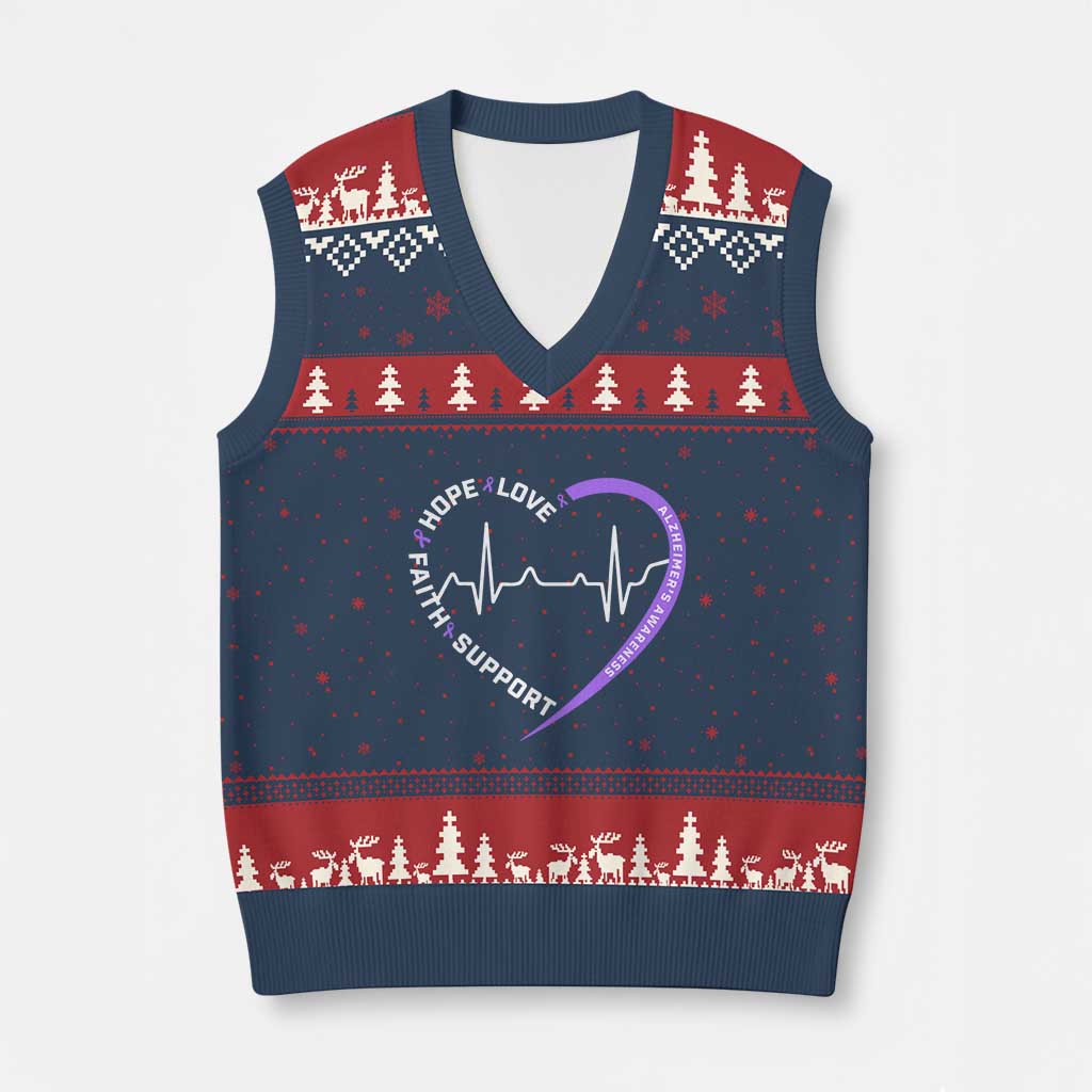 Alzheimers Awareness Heart Heartbeat Purple Ribbon V-Neck Knit Sweater Vest Hope Love Faith Support TS12 Navy Red Print Your Wear