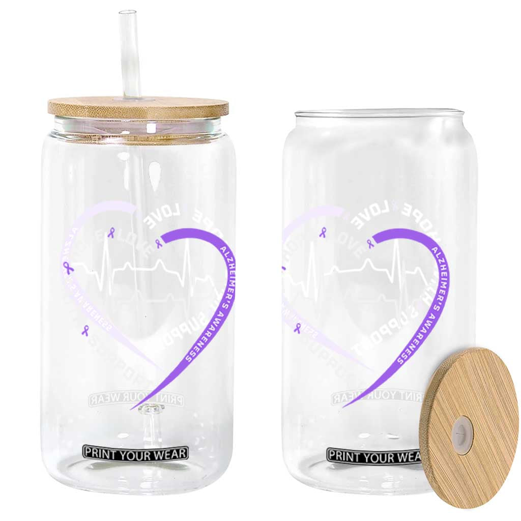 Alzheimers Awareness Heart Heartbeat Purple Ribbon Glass Can Hope Love Faith Support
