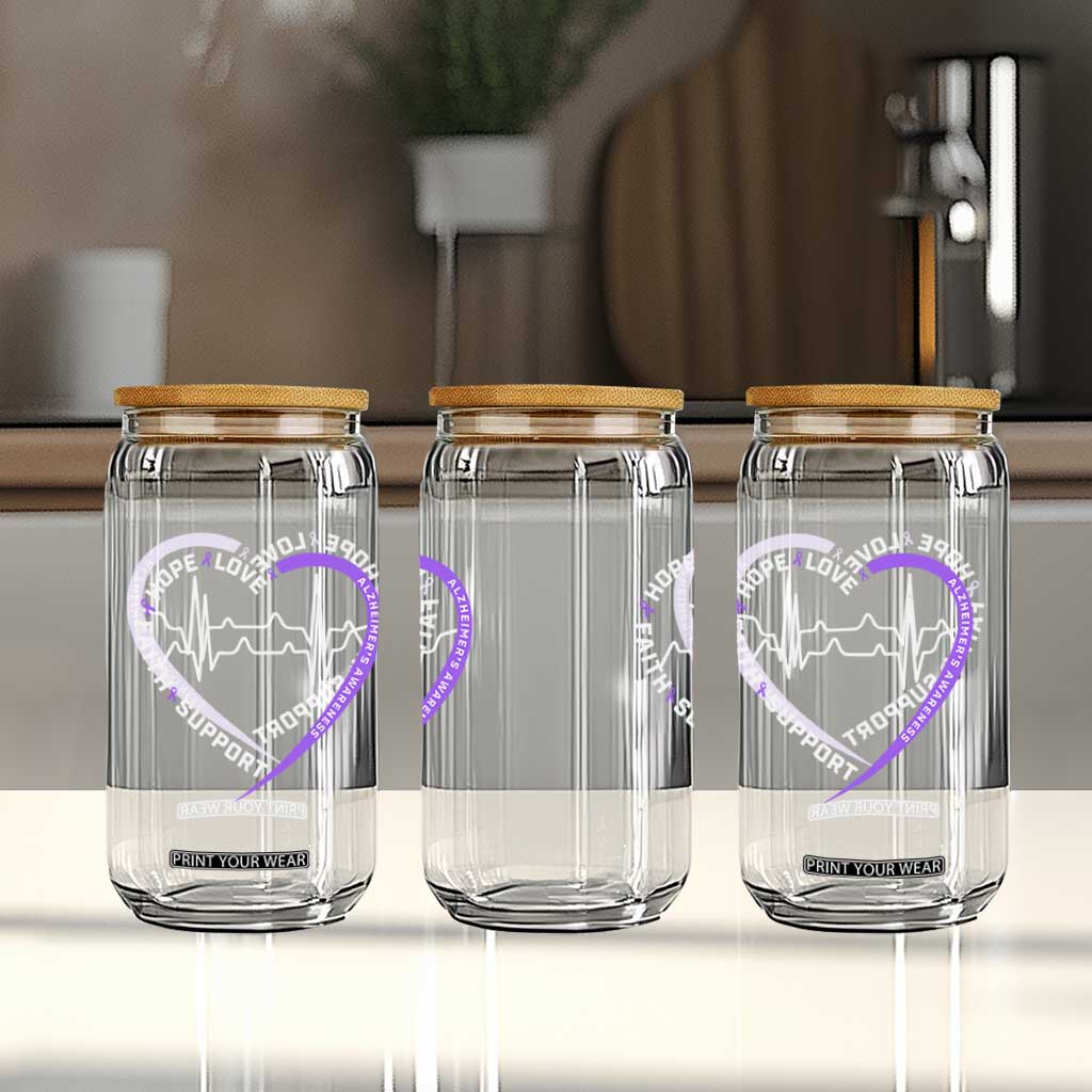 Alzheimers Awareness Heart Heartbeat Purple Ribbon Glass Can Hope Love Faith Support