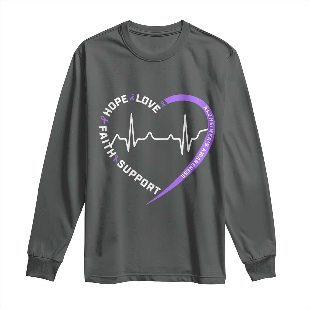 Alzheimers Awareness Heart Heartbeat Purple Ribbon Long Sleeve Shirt Hope Love Faith Support