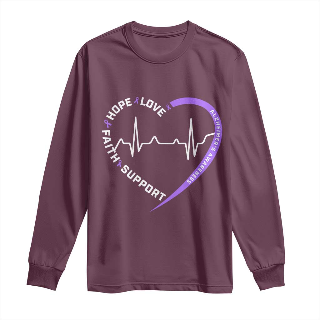 Alzheimers Awareness Heart Heartbeat Purple Ribbon Long Sleeve Shirt Hope Love Faith Support