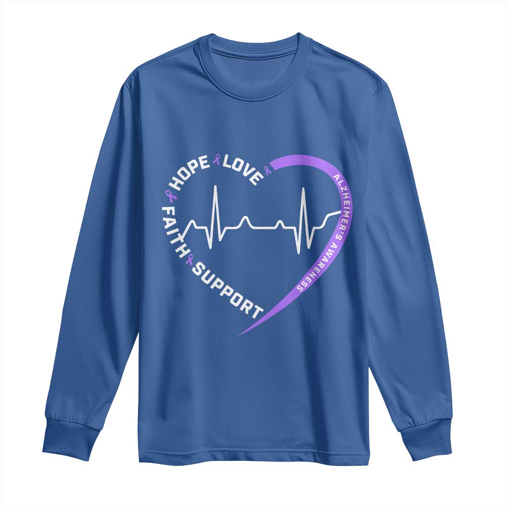 Alzheimers Awareness Heart Heartbeat Purple Ribbon Long Sleeve Shirt Hope Love Faith Support