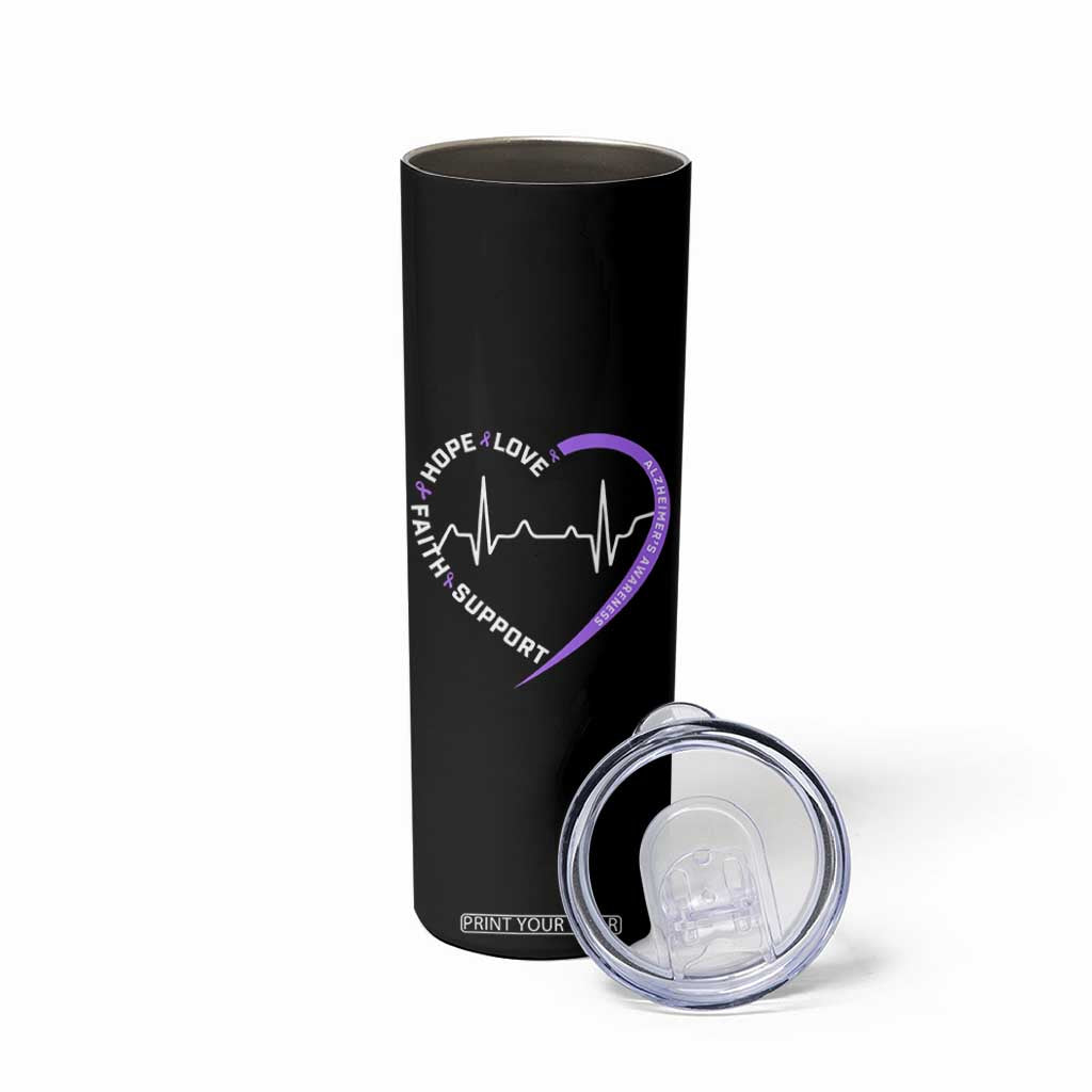 Alzheimers Awareness Heart Heartbeat Purple Ribbon Skinny Tumbler Hope Love Faith Support