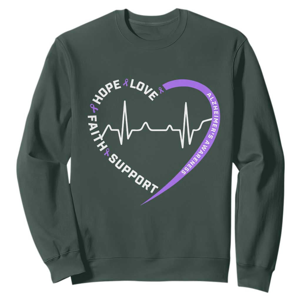 Alzheimers Awareness Heart Heartbeat Purple Ribbon Sweatshirt Hope Love Faith Support