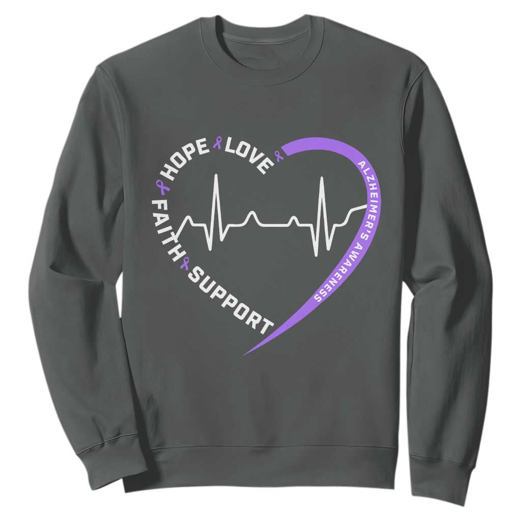 Alzheimers Awareness Heart Heartbeat Purple Ribbon Sweatshirt Hope Love Faith Support