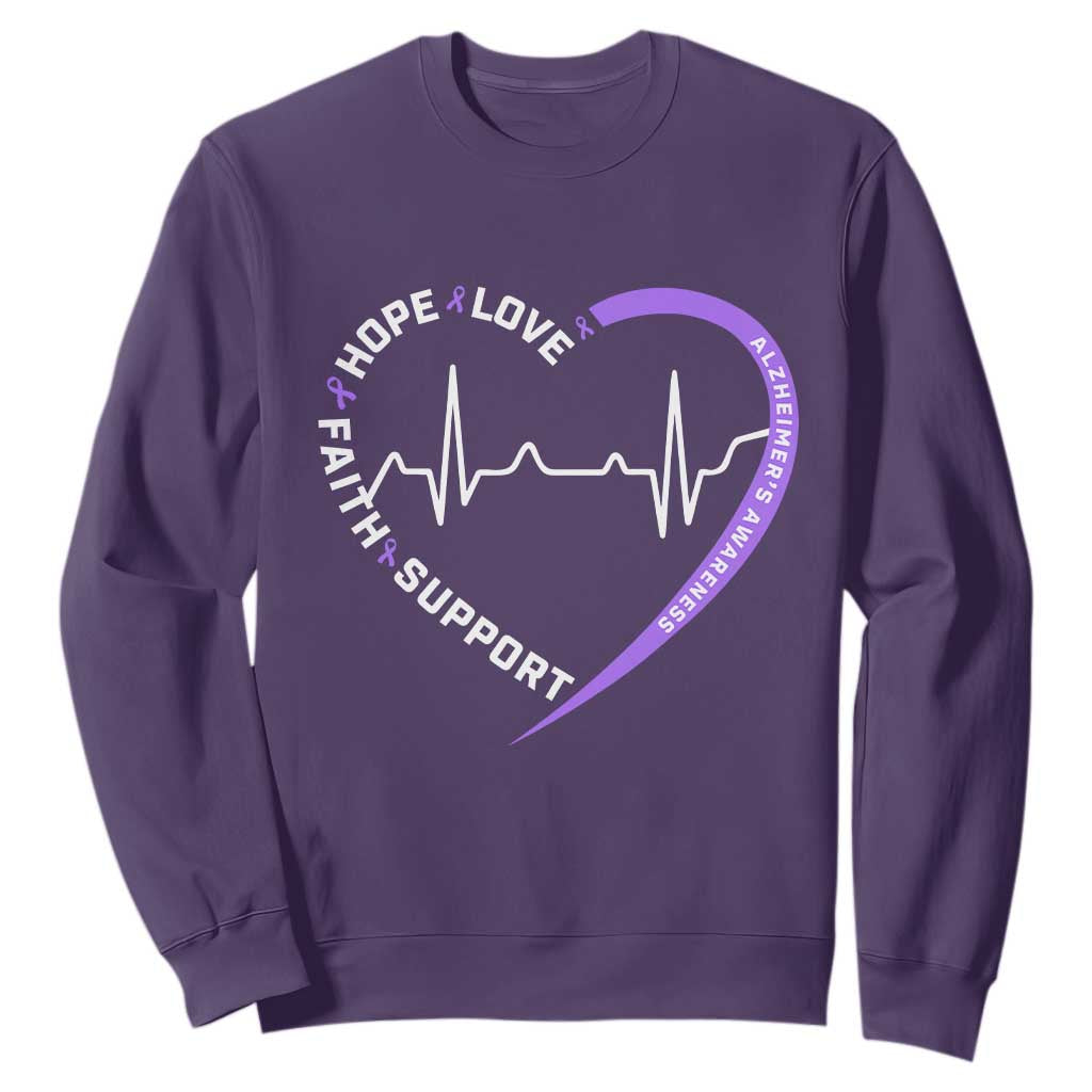 Alzheimers Awareness Heart Heartbeat Purple Ribbon Sweatshirt Hope Love Faith Support