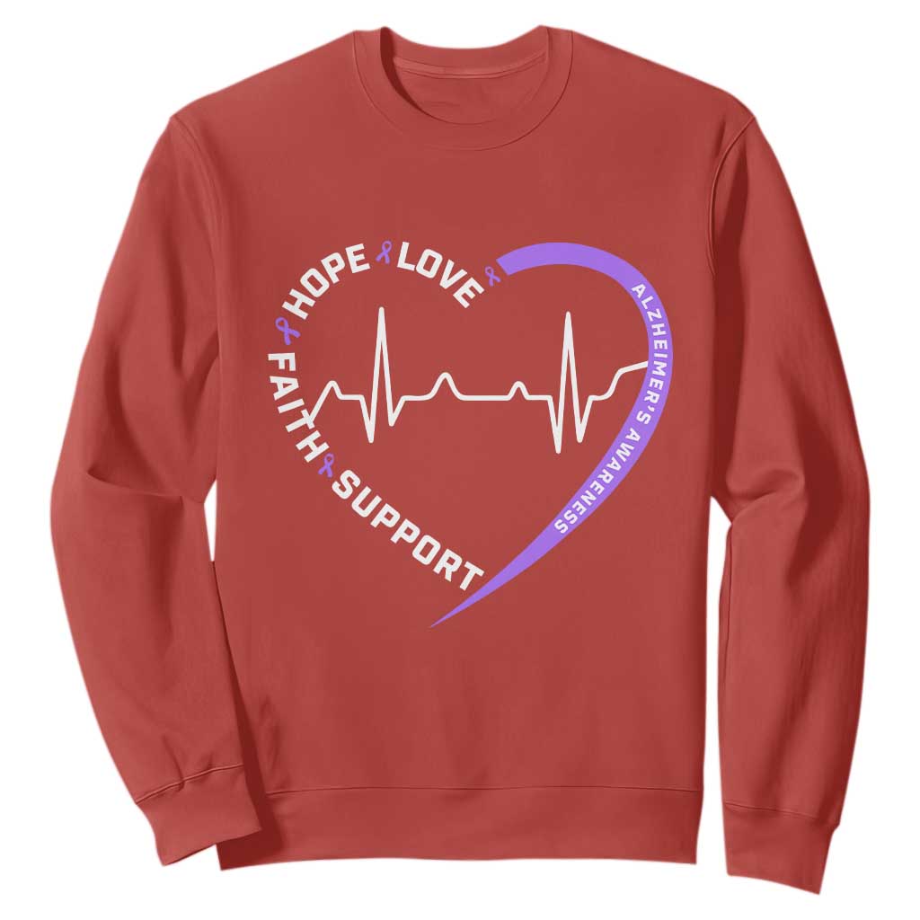 Alzheimers Awareness Heart Heartbeat Purple Ribbon Sweatshirt Hope Love Faith Support