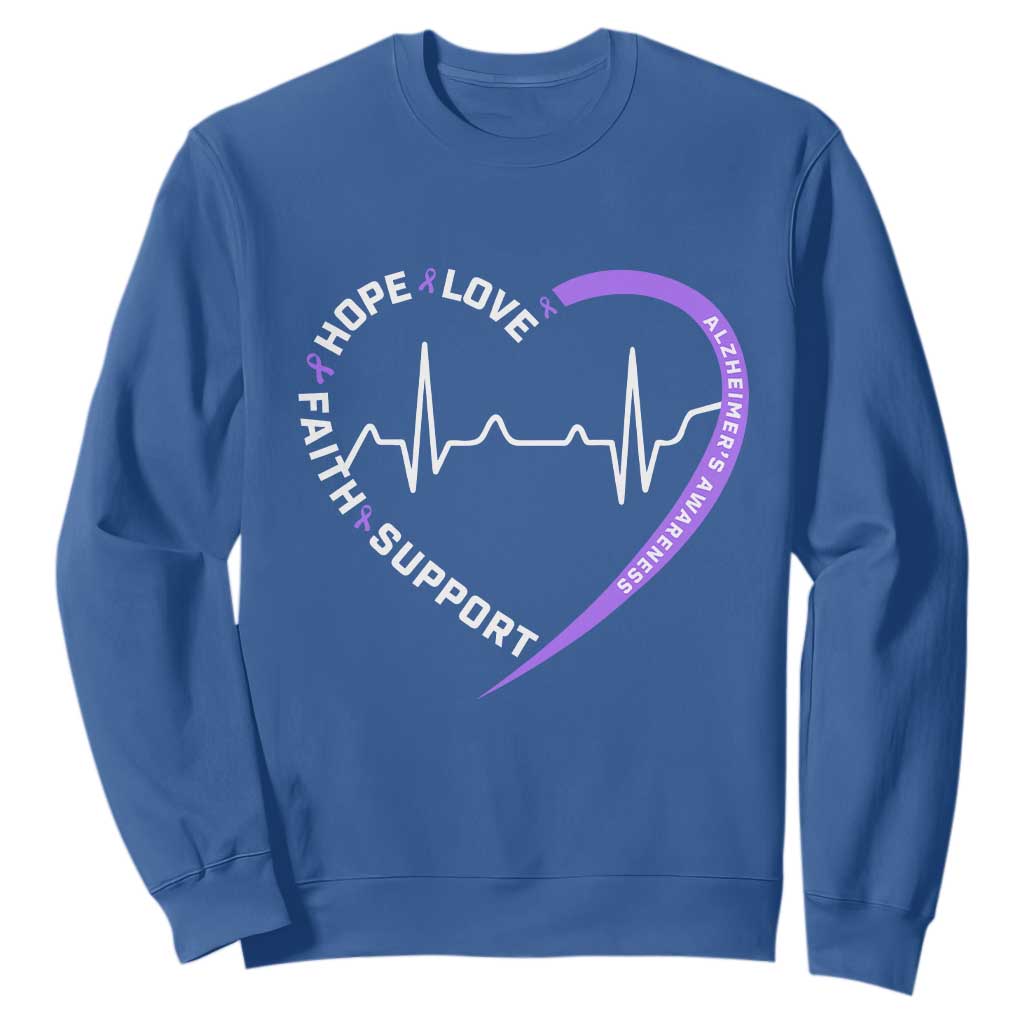 Alzheimers Awareness Heart Heartbeat Purple Ribbon Sweatshirt Hope Love Faith Support