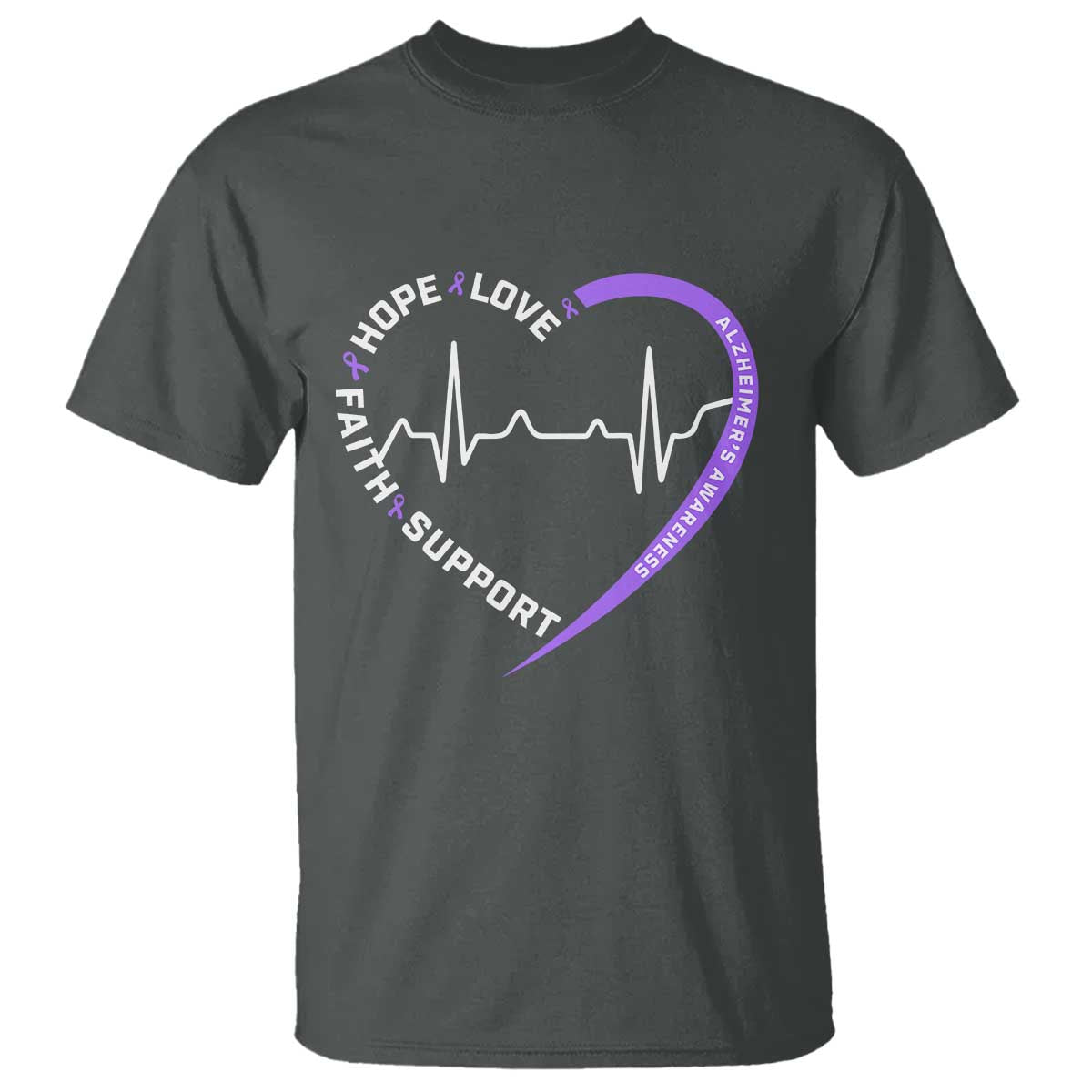 Alzheimers Awareness Heart Heartbeat Purple Ribbon T Shirt Hope Love Faith Support