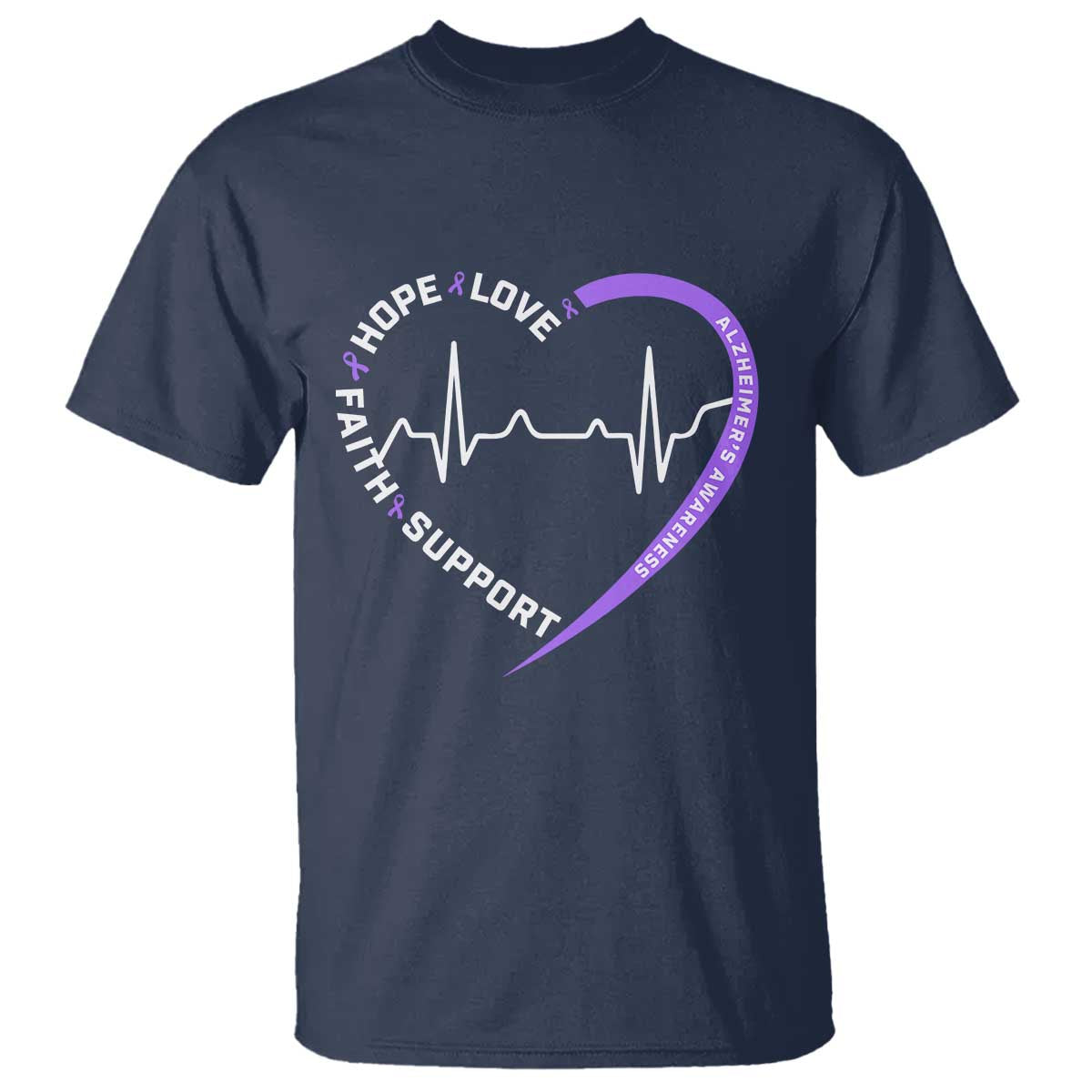 Alzheimers Awareness Heart Heartbeat Purple Ribbon T Shirt Hope Love Faith Support