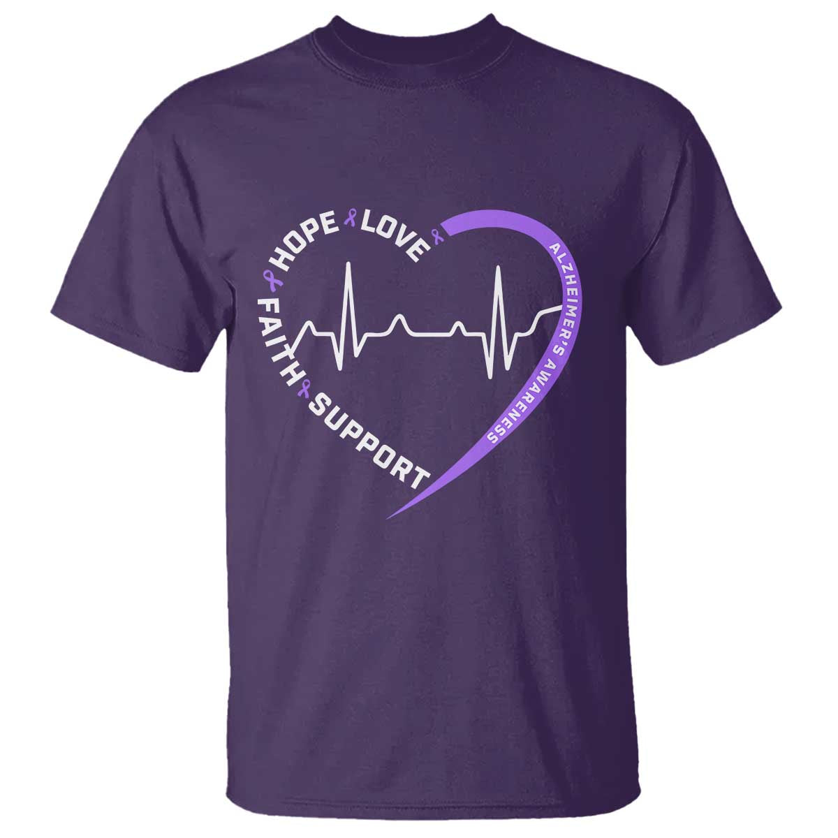 Alzheimers Awareness Heart Heartbeat Purple Ribbon T Shirt Hope Love Faith Support TS12 Purple Print Your Wear
