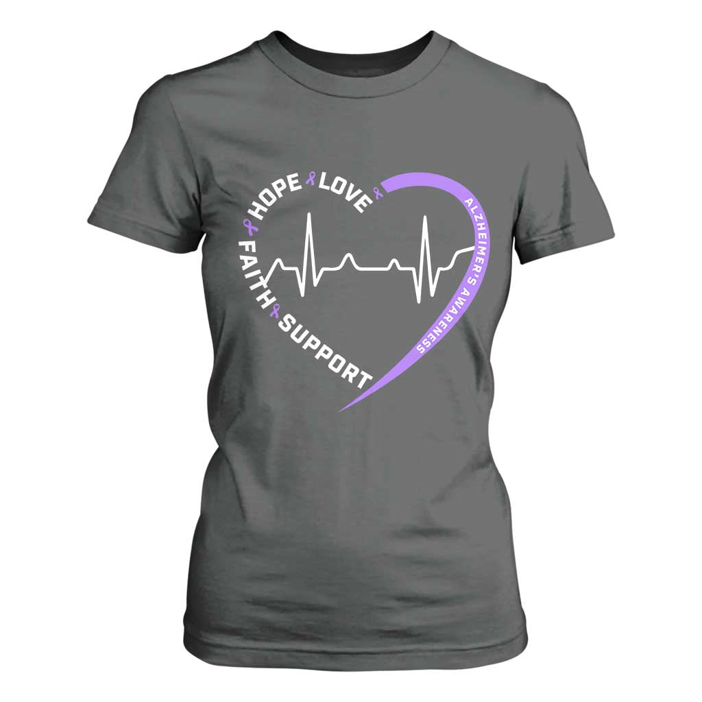 Alzheimers Awareness Heart Heartbeat Purple Ribbon T Shirt For Women Hope Love Faith Support