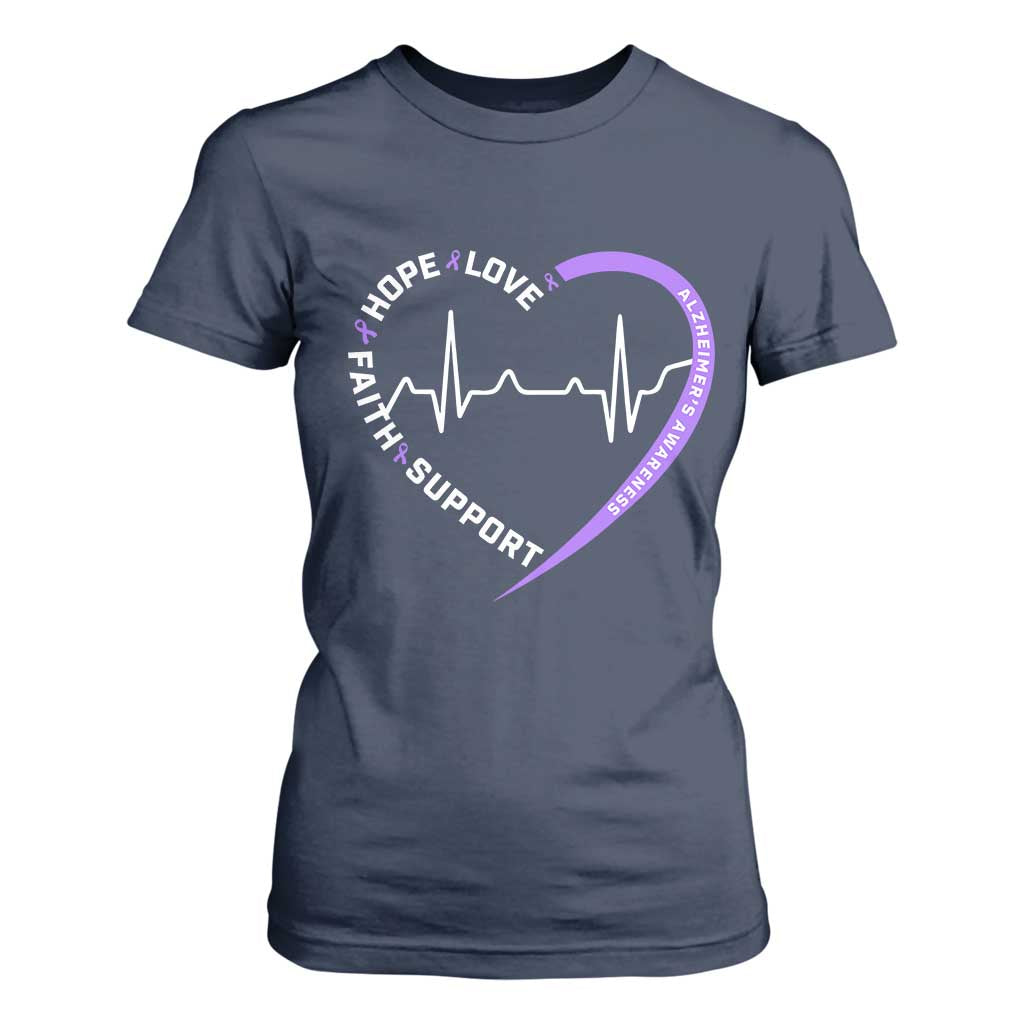 Alzheimers Awareness Heart Heartbeat Purple Ribbon T Shirt For Women Hope Love Faith Support