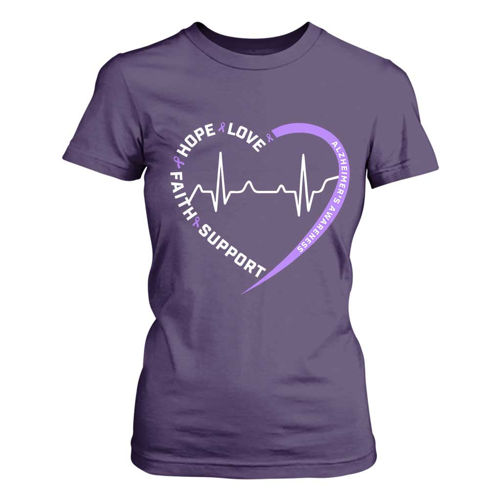 Alzheimers Awareness Heart Heartbeat Purple Ribbon T Shirt For Women Hope Love Faith Support