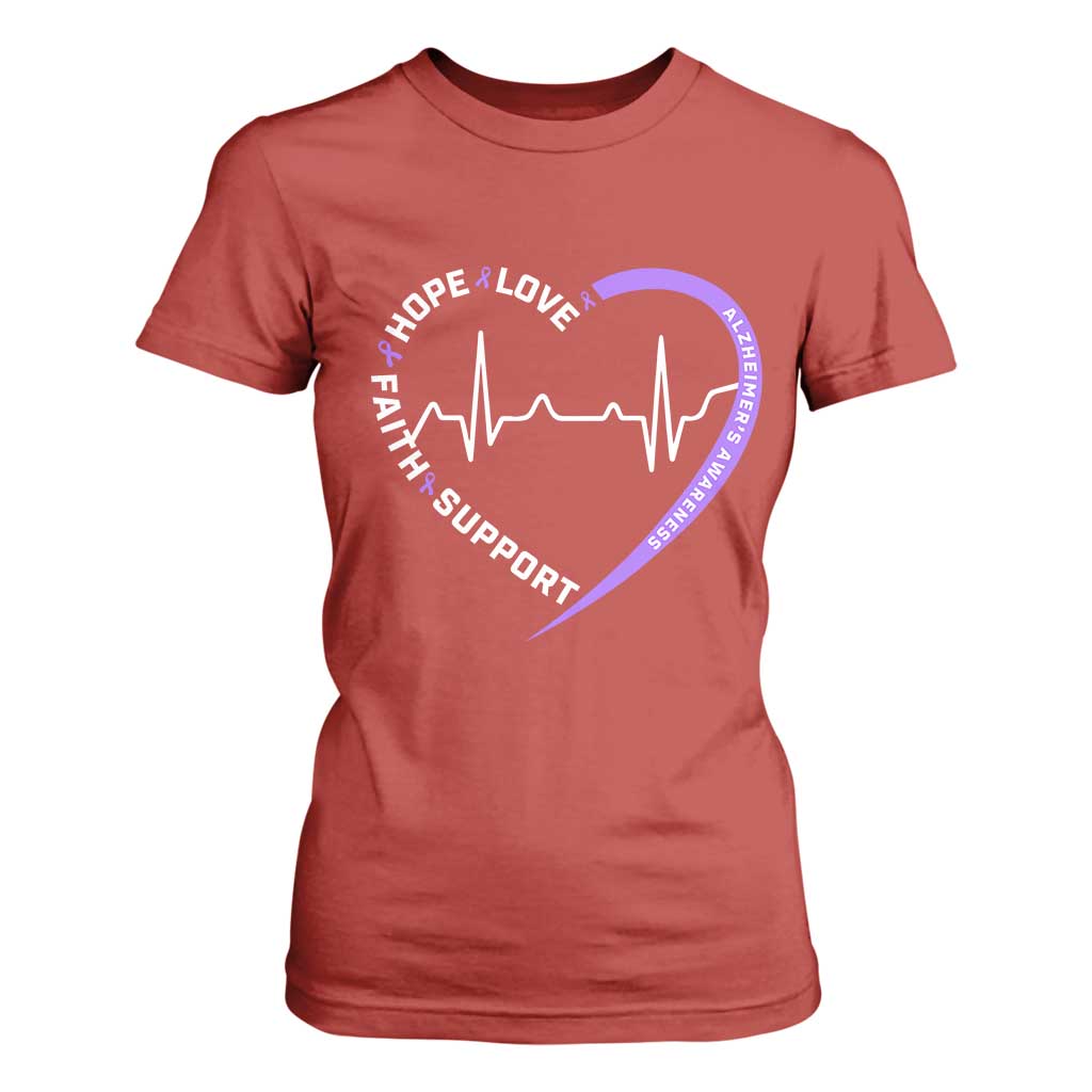 Alzheimers Awareness Heart Heartbeat Purple Ribbon T Shirt For Women Hope Love Faith Support