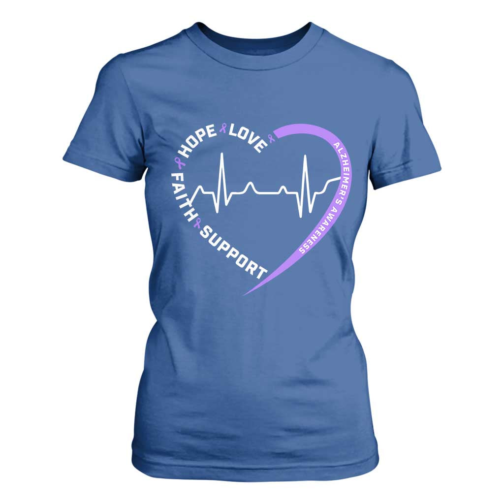 Alzheimers Awareness Heart Heartbeat Purple Ribbon T Shirt For Women Hope Love Faith Support