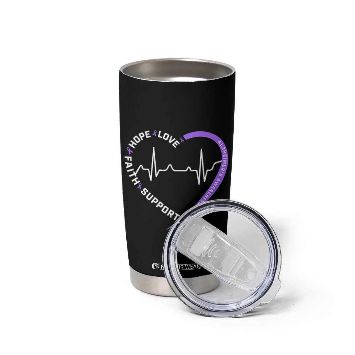 Alzheimers Awareness Heart Heartbeat Purple Ribbon Tumbler Cup Hope Love Faith Support