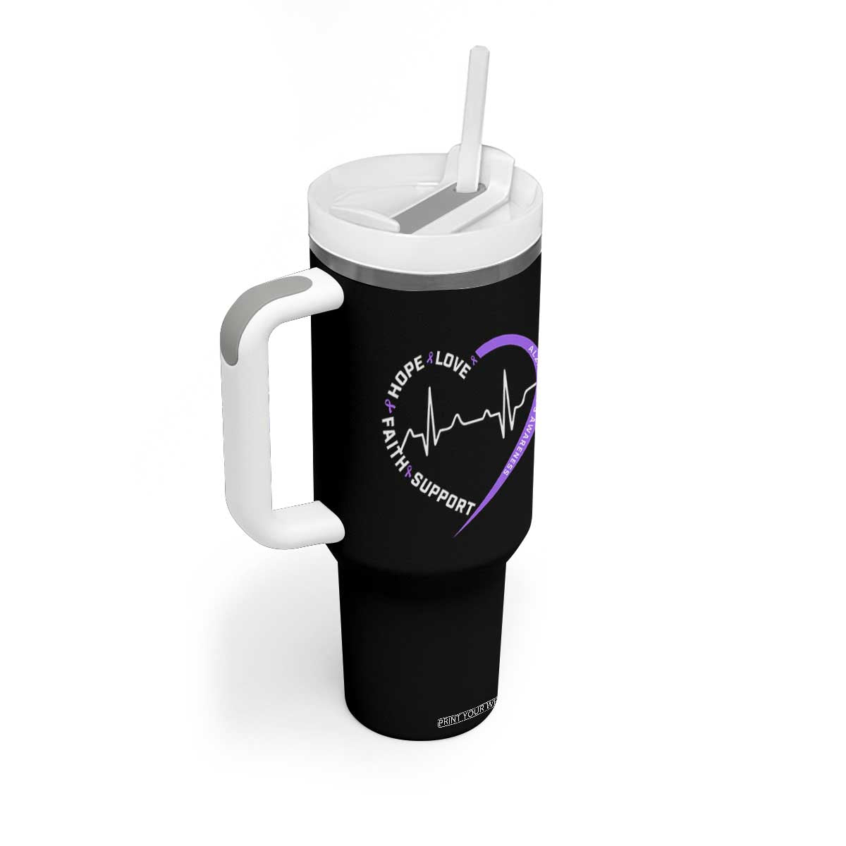 Alzheimers Awareness Heart Heartbeat Purple Ribbon Tumbler With Handle Hope Love Faith Support