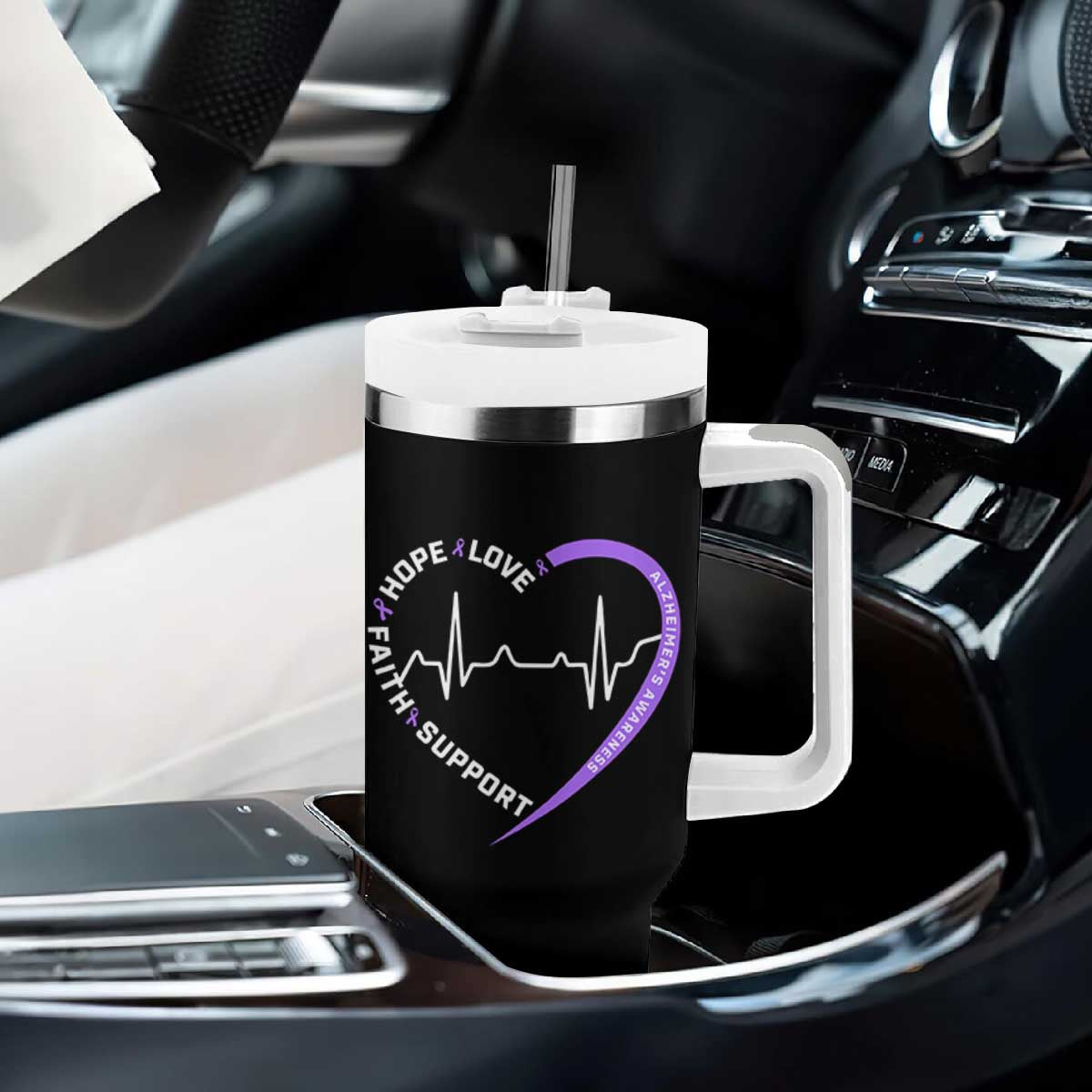 Alzheimers Awareness Heart Heartbeat Purple Ribbon Tumbler With Handle Hope Love Faith Support