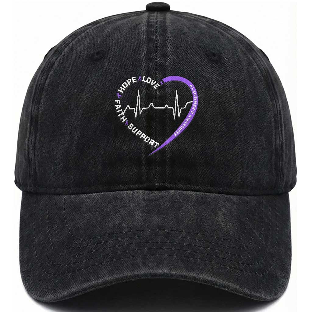 Alzheimers Awareness Heart Heartbeat Purple Ribbon Washed Cotton Baseball Cap Hope Love Faith Support TS12 Print Your Wear