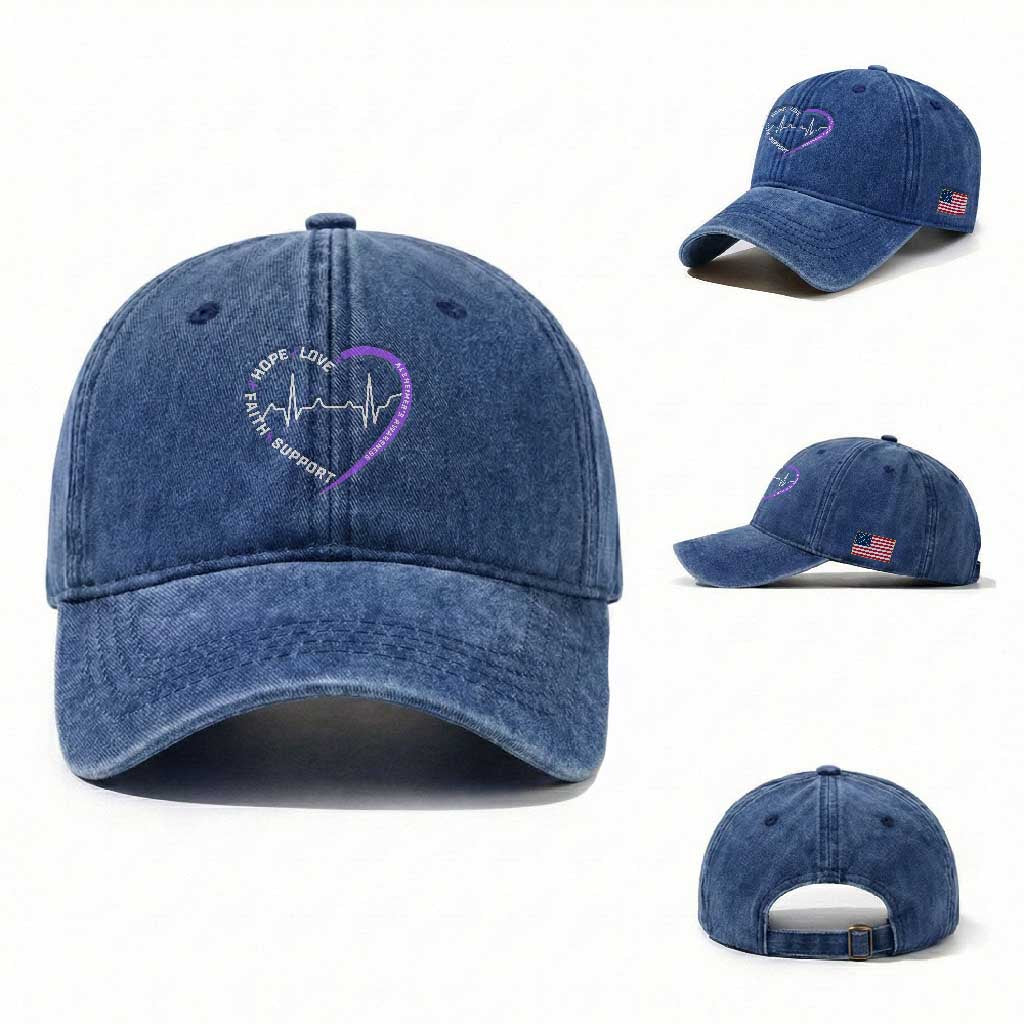 Alzheimers Awareness Heart Heartbeat Purple Ribbon Washed Cotton Baseball Cap Hope Love Faith Support